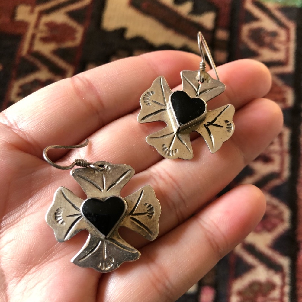 Sterling onyx cross clover earrings